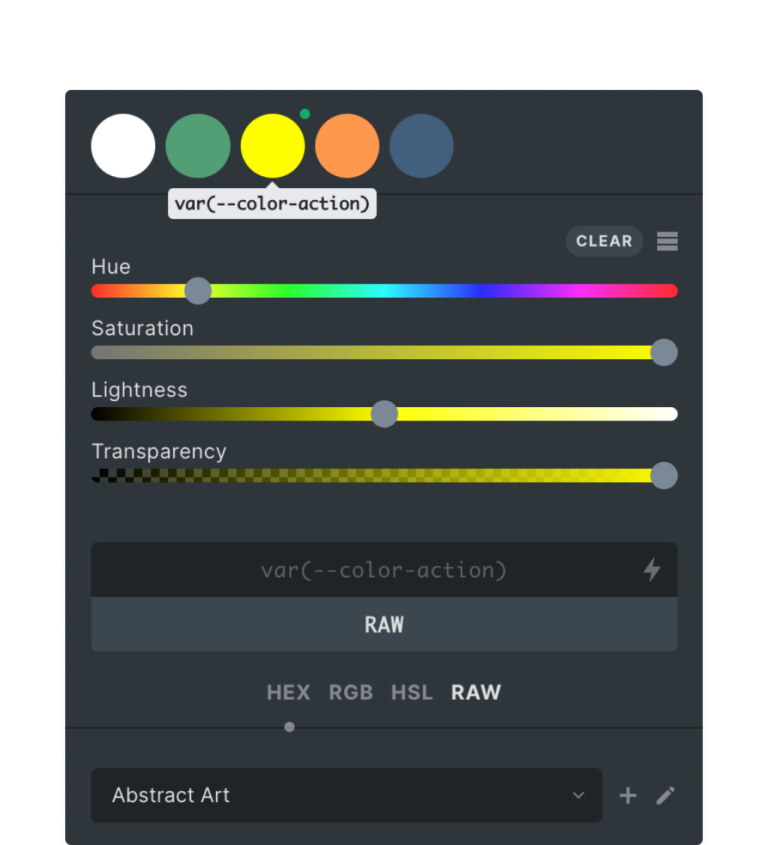 The Global Color Palettes panel where you can define custom color palettes in HEX, RGB, HSLA and RAW (CSS variables, color keywords) format.
