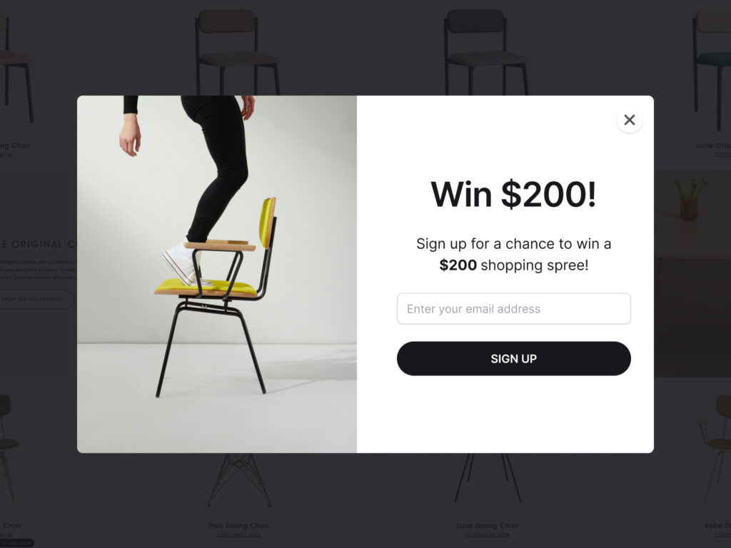 A competition pop-up in front of a darkened background