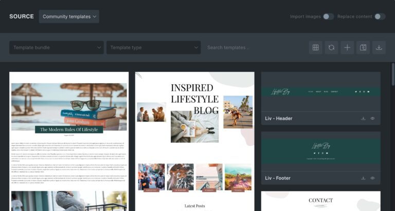 Screenshot of the "my templates" template library popup