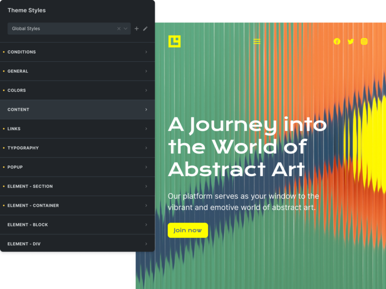 The Theme Styles panel with global style settings for colors, typography, links, and more next to a colorful hero section example of an art website.
