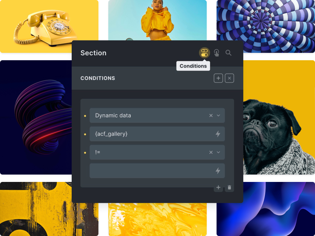 A collage of colorful images along a section condition settings screenshot.
