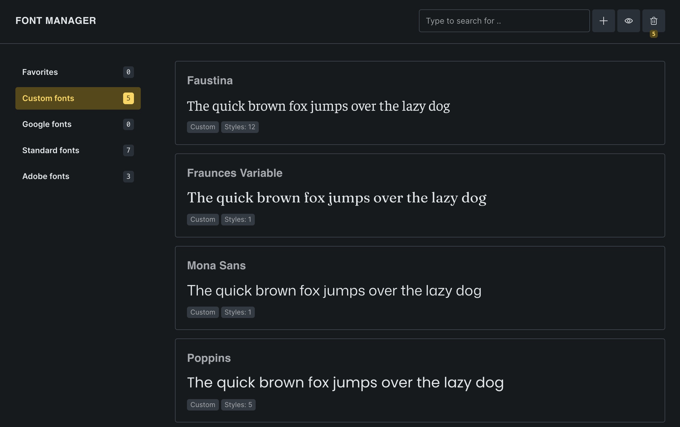 Screenshot of the font manager