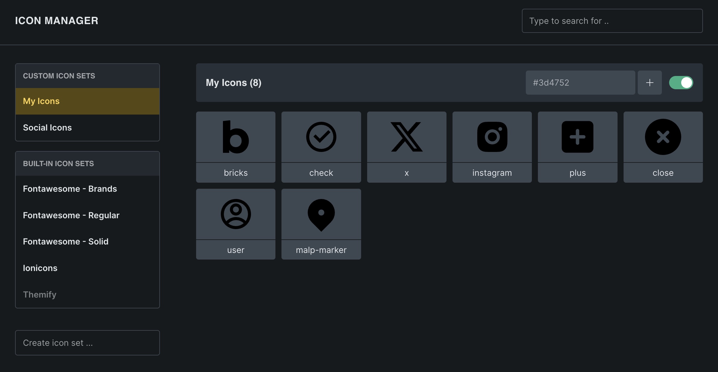 Screenshot of the icon manager