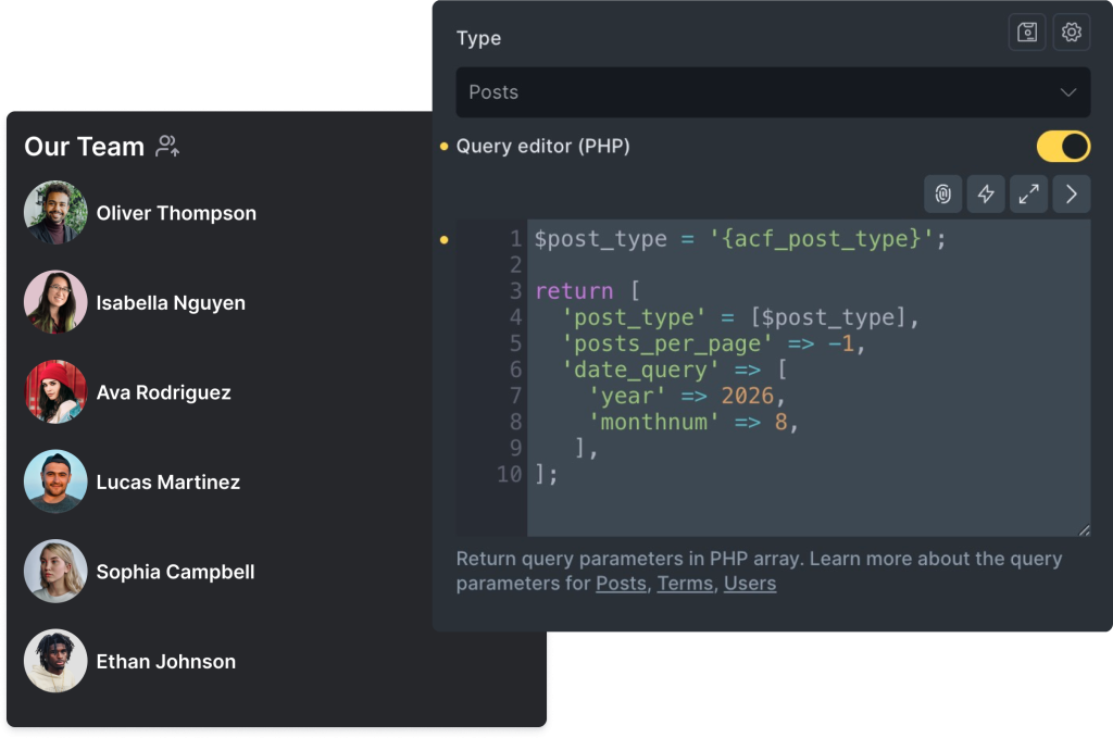 A collage showing a custom query editor screen with some code in it next to a styled query result.
