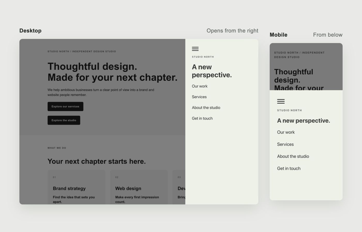 The same Bricks Offcanvas navigation opens from the right on desktop and from the bottom on mobile.