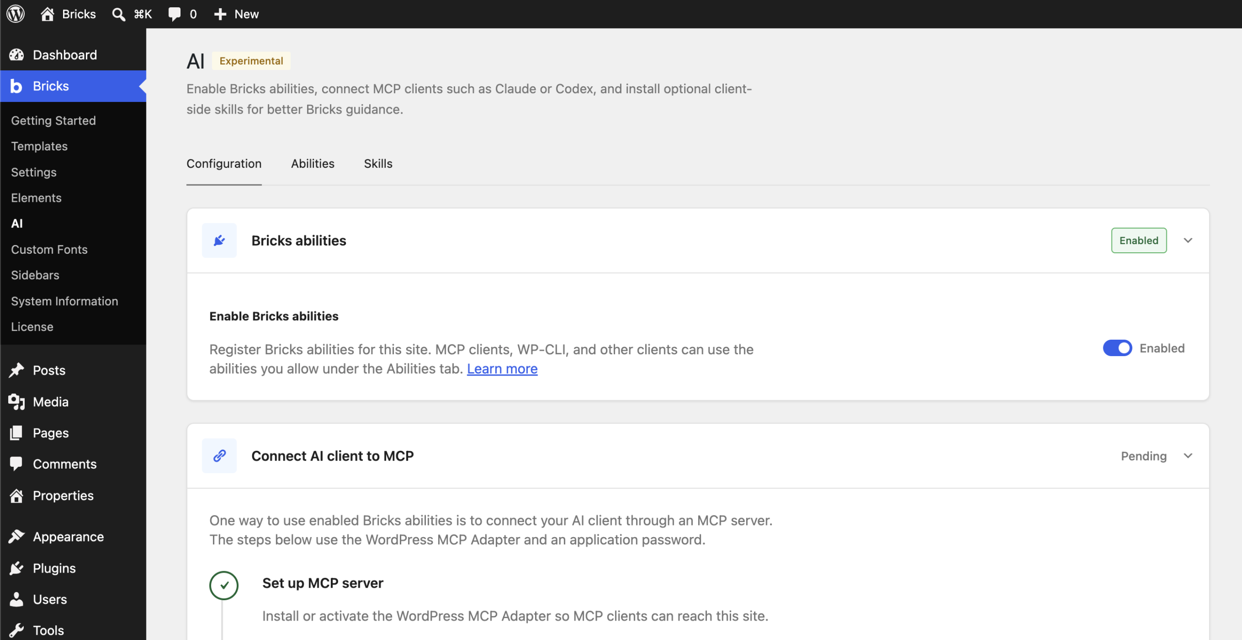 Bricks AI screen with Configuration, Abilities and Skills tabs and the Bricks abilities toggle enabled.