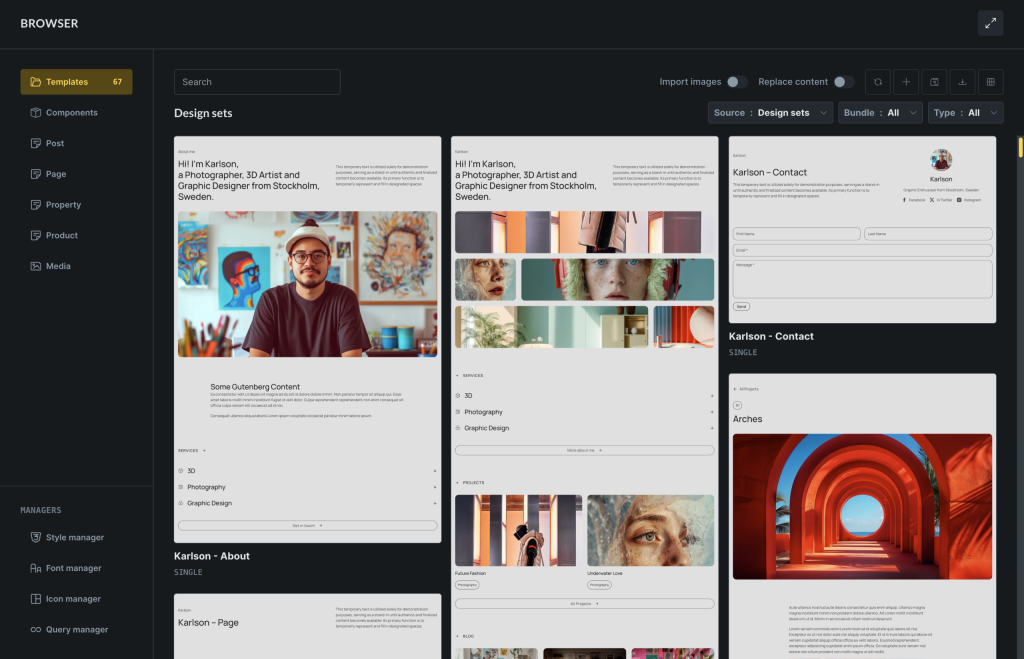 Browsing and filtering templates in the Bricks Builder Browser