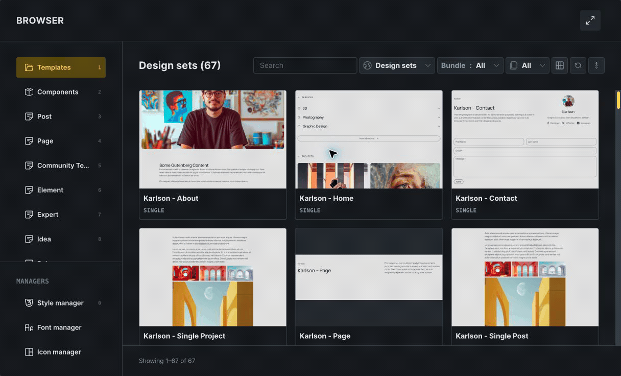Animation switching between templates, components and published pages in the Bricks Builder Browser.