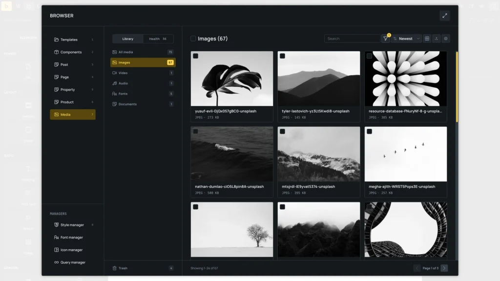 Browsing WordPress attachments in the Bricks Media Browser
